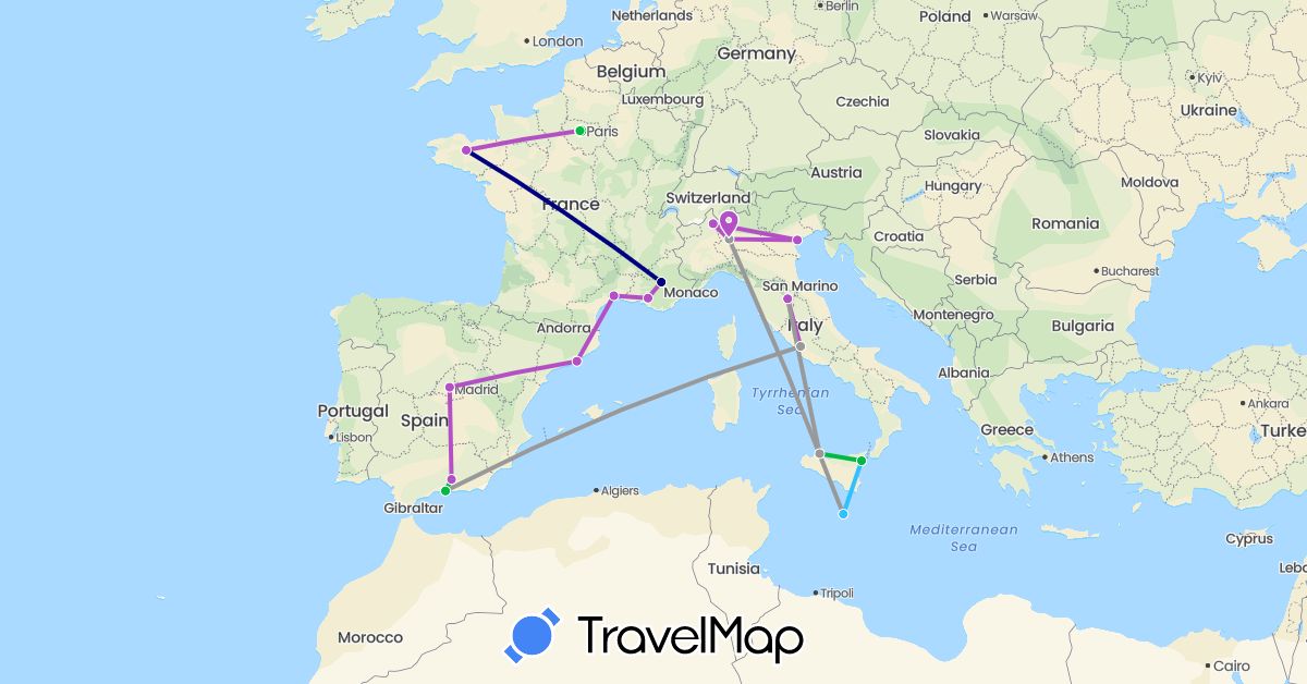 TravelMap itinerary: driving, bus, plane, train, boat in Spain, France, Italy, Malta (Europe)